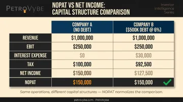 NOPAT versus net income side-by-side comparison showing capital structure neutrality example