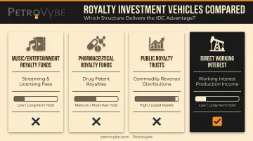Four royalty investment vehicles compared by income source liquidity and IDC access