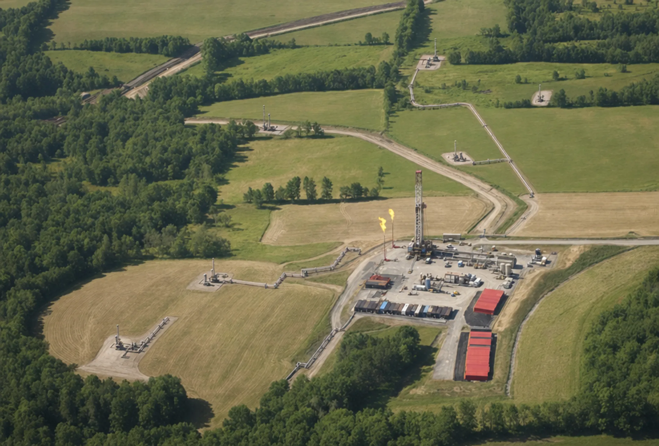 Natural gas drilling site with wells and production equipment in rural basin
