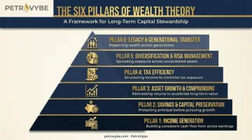 Six pillars of wealth theory framework showing income savings and legacy planning
