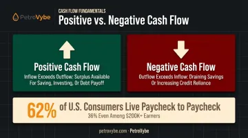 Positive versus negative personal cash flow comparison with paycheck-to-paycheck statistics