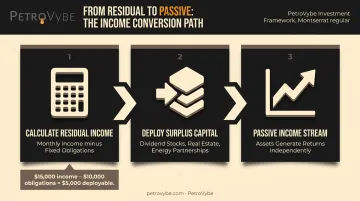Residual income to passive income conversion flowchart with three-stage wealth building path