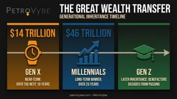 Generational wealth transfer timeline comparing Gen X Millennial and Gen Z inheritance shares