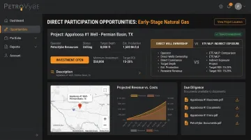 PetroVybe direct investment platform interface for early-stage natural gas development