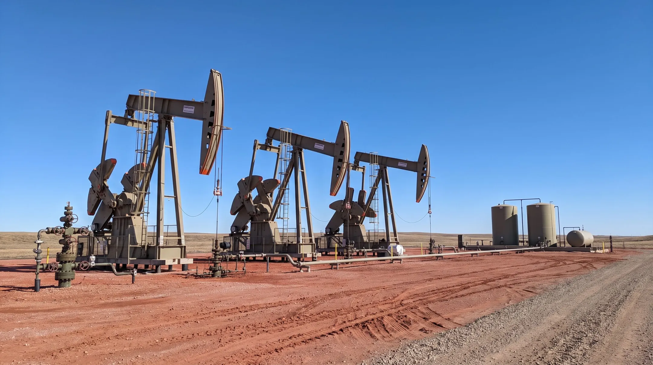 Natural gas drilling site with active wells and industrial equipment