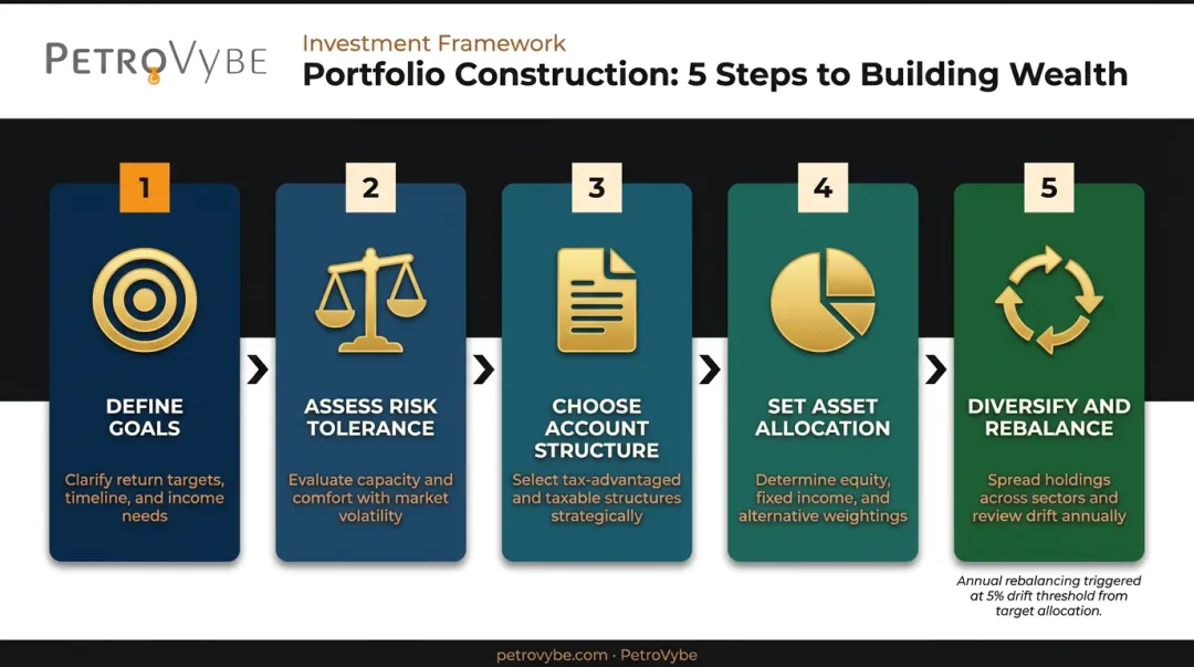 5-step investment portfolio construction process from goals to rebalancing flow diagram