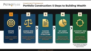 5-step investment portfolio construction process from goals to rebalancing flow diagram