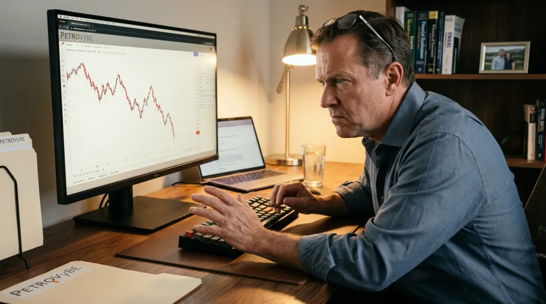 Investor reacting to market volatility making impulsive portfolio reallocation decision on screen
