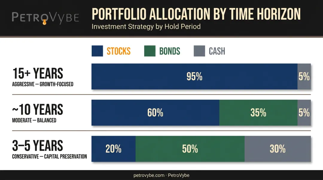 Investment portfolio allocation by time horizon showing stocks bonds and cash percentages