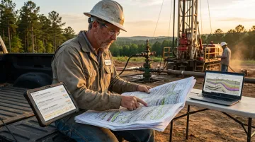 PetroVybe geophysicist reviewing well site data for natural gas reserves
