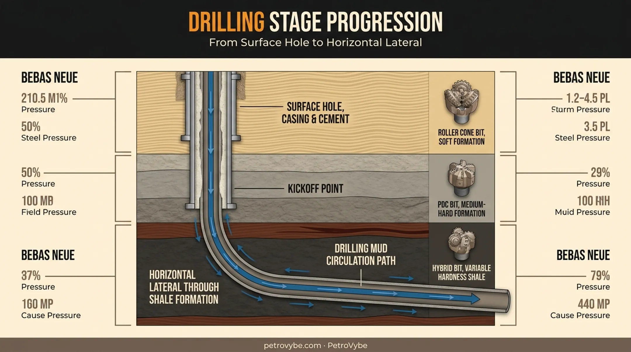 Natural gas well drilling stages from spudding to horizontal shale target