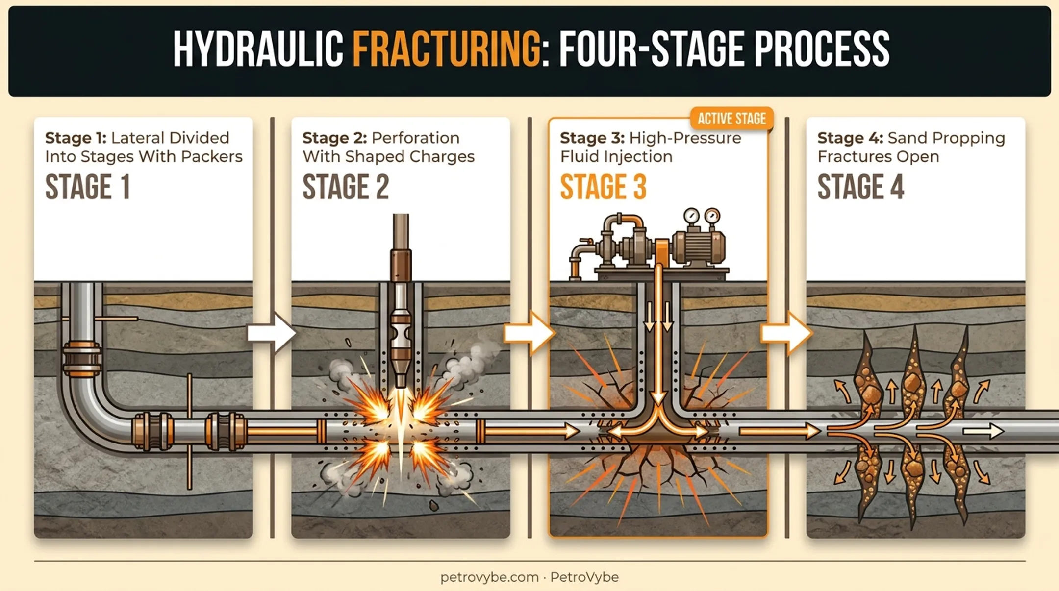 Four-step hydraulic fracturing process from staging to sand propping