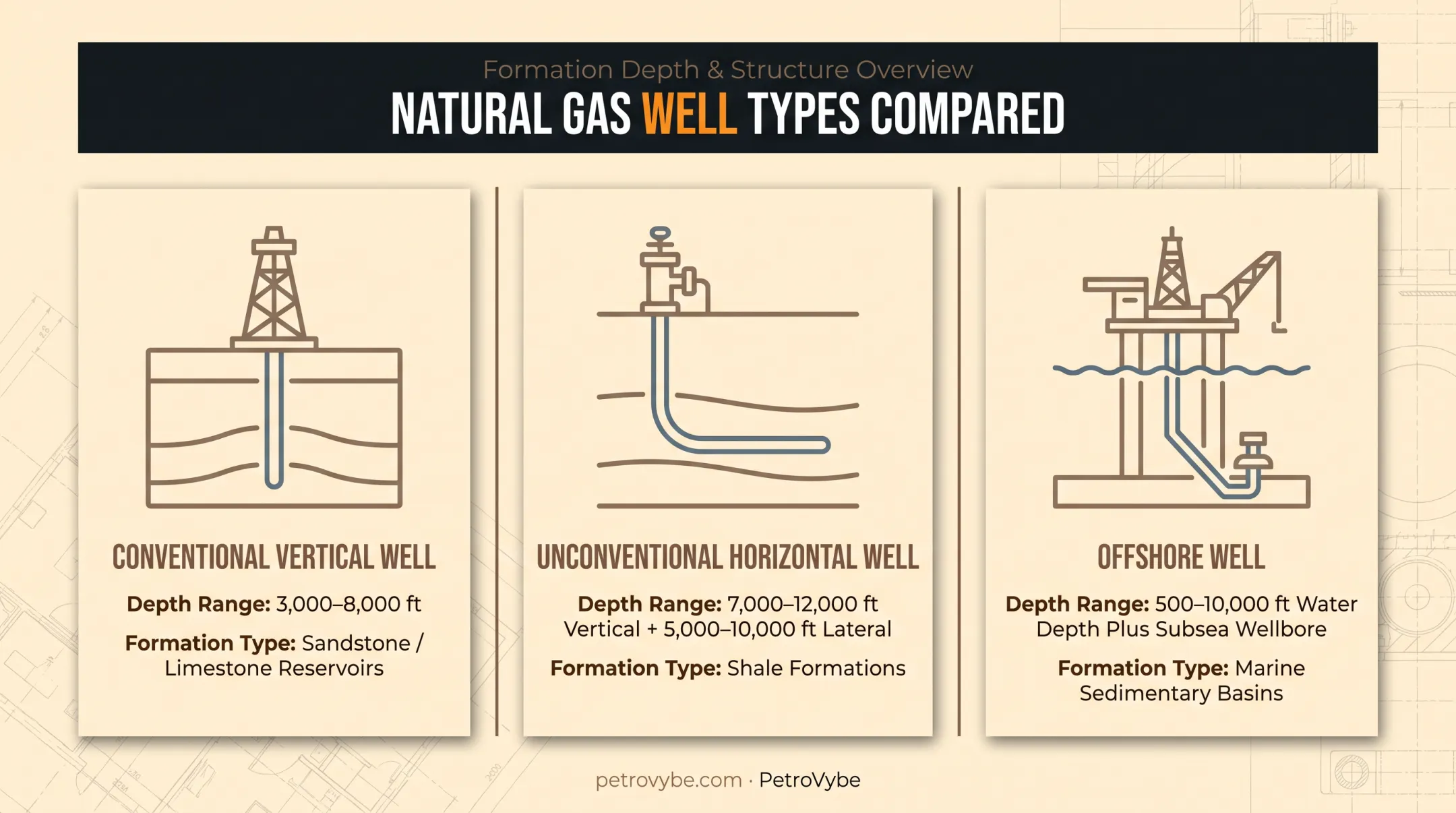 Three types of natural gas wells vertical horizontal offshore comparison