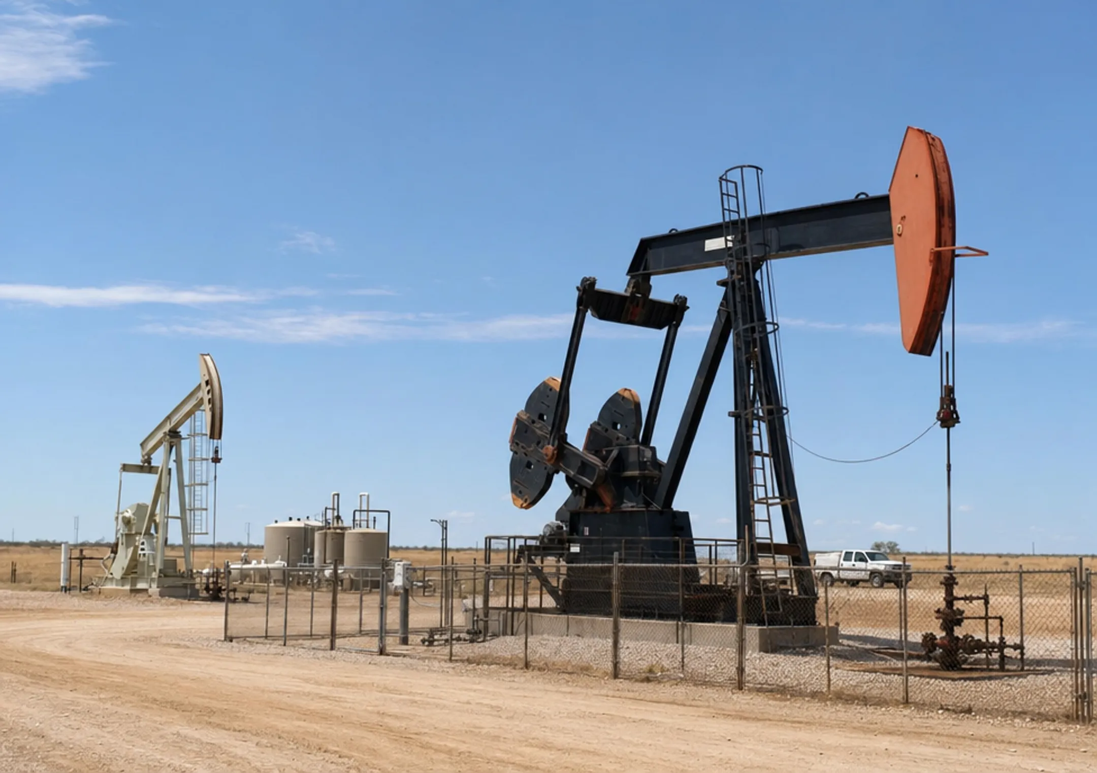 Oil and gas well site with drilling equipment in rural Texas landscape