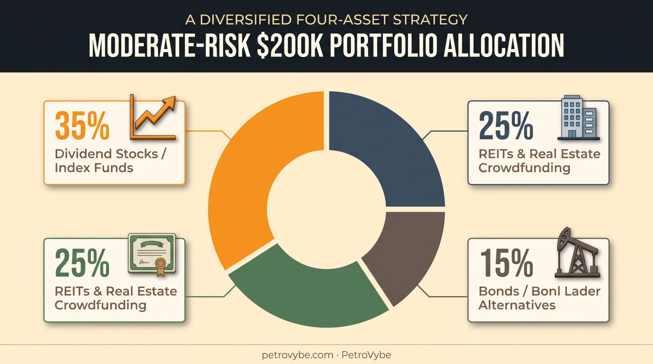 Sample $200K diversified income portfolio allocation pie chart breakdown