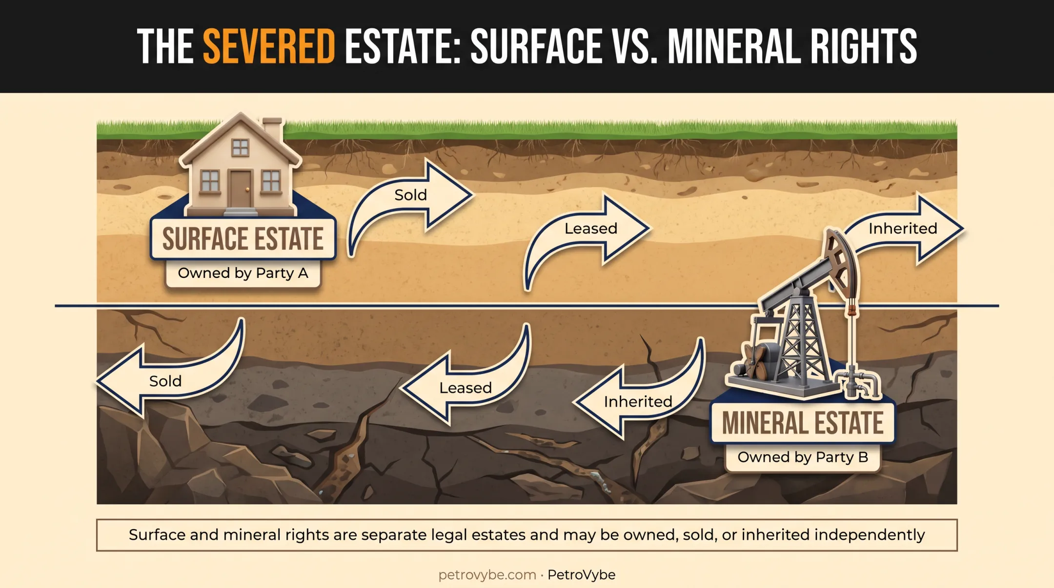 Severed mineral estate diagram showing surface versus subsurface ownership split