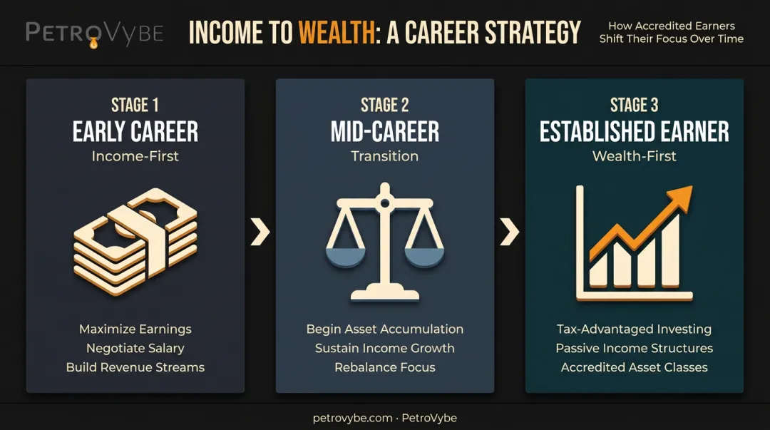 Three-stage career income to wealth conversion framework timeline infographic