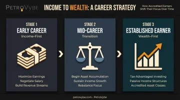 Three-stage career income to wealth conversion framework timeline infographic