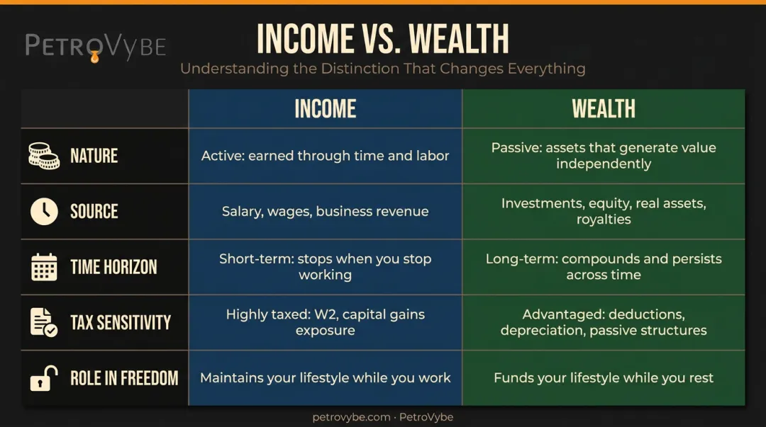 Income versus wealth five-dimension side-by-side comparison infographic