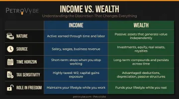 Income versus wealth five-dimension side-by-side comparison infographic