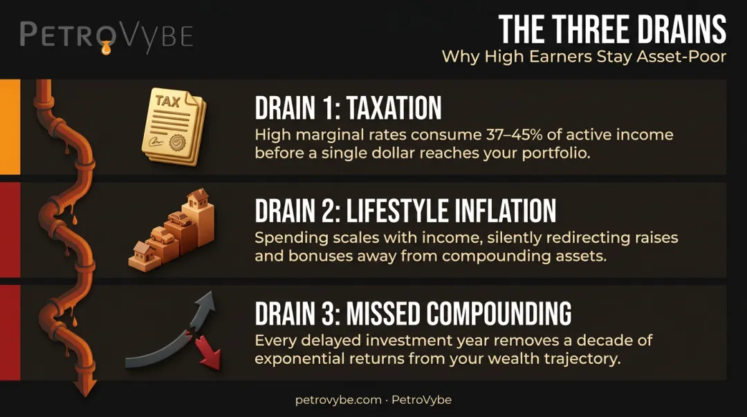 Three drains blocking income to wealth conversion for high earners infographic