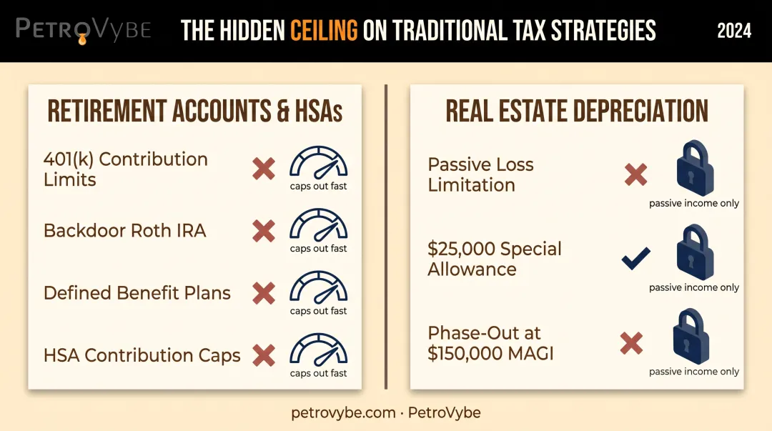 Comparison of retirement accounts versus real estate depreciation tax shelter limits