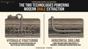 Hydraulic fracturing and horizontal drilling shale oil extraction techniques diagram