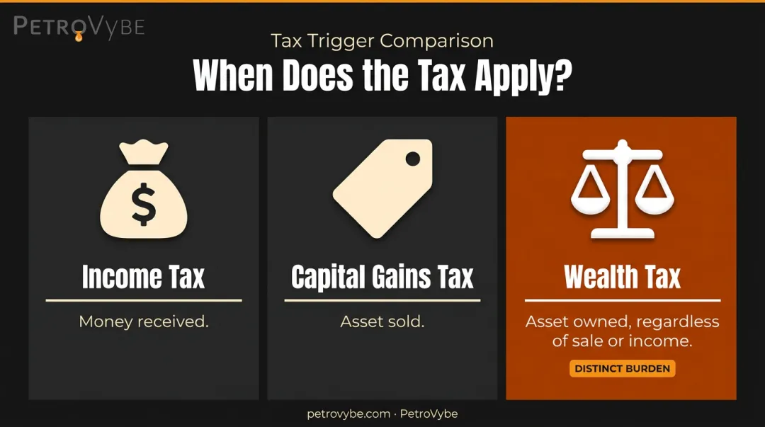 Three tax types comparison showing income capital gains and wealth tax trigger points