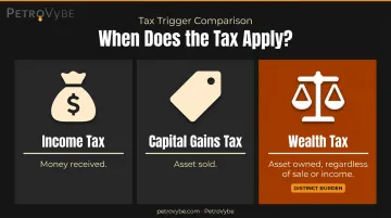 Three tax types comparison showing income capital gains and wealth tax trigger points