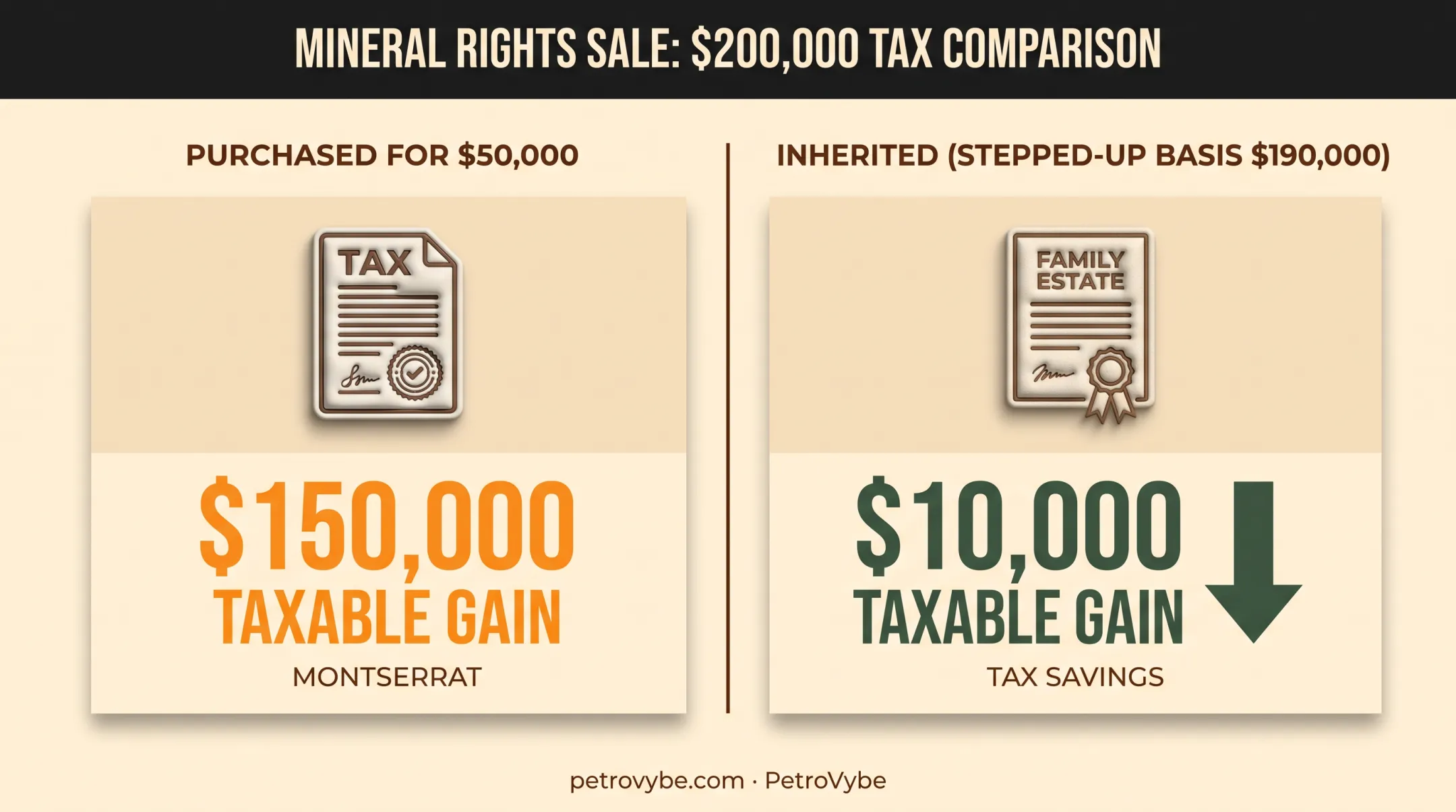 Purchased versus inherited mineral rights tax basis comparison example