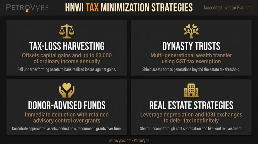 Four HNWI tax minimization strategies comparison from harvesting to trusts infographic