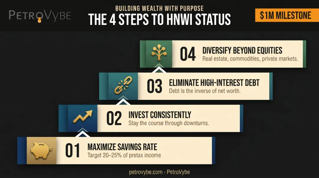 Four-step path to building HNWI status from savings rate to diversification infographic