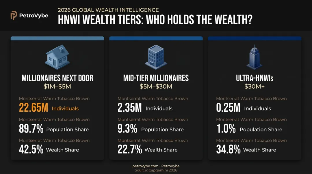 Three HNWI wealth tiers comparison showing population and wealth share breakdown