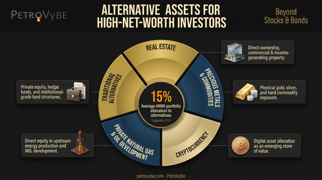 HNWI alternative investment portfolio allocation across five asset classes infographic
