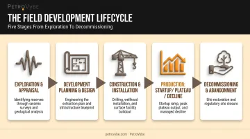 5-stage oil and gas field development lifecycle process flow diagram