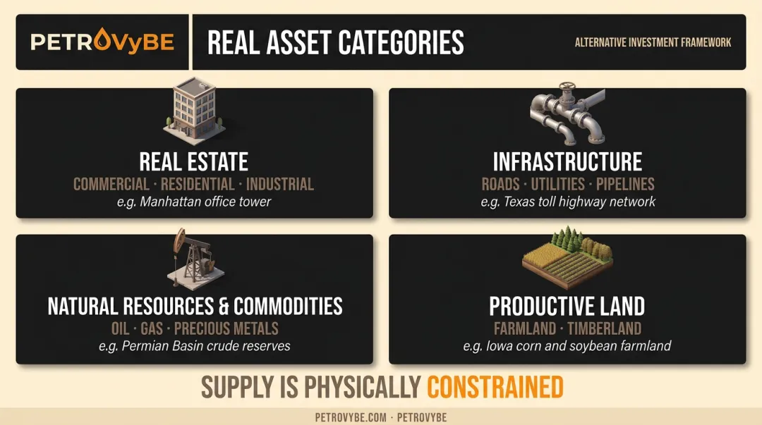 Four primary real asset categories with examples and investment characteristics