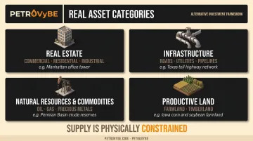 Four primary real asset categories with examples and investment characteristics