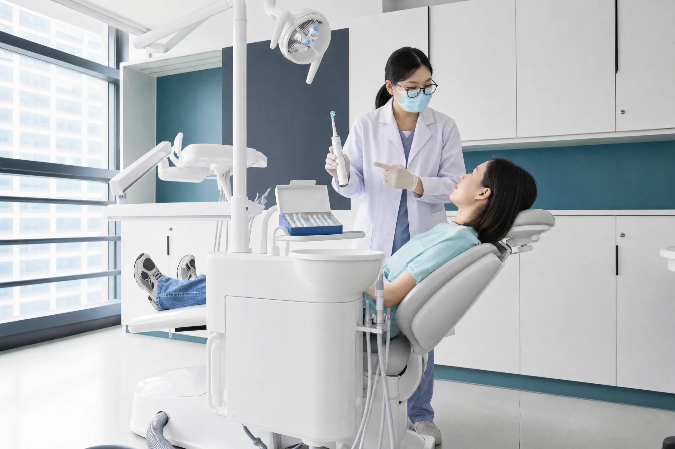 Dentist recommending oral care products to patient in clinic setting