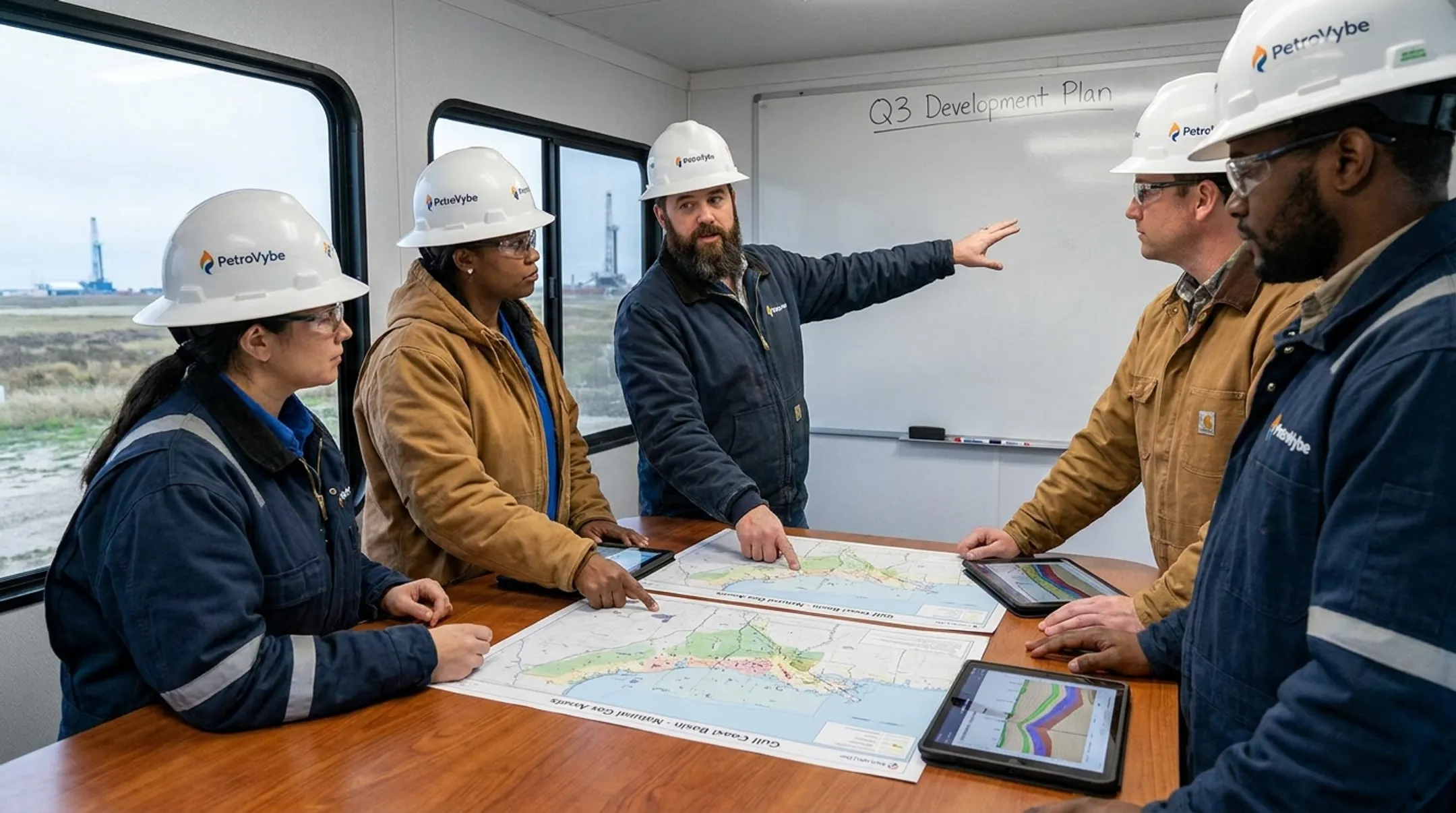 PetroVybe leadership team reviewing natural gas development project data