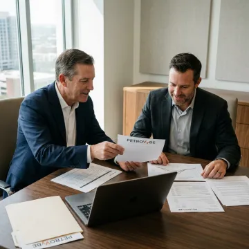 Advisor reviewing energy investment documents with investor