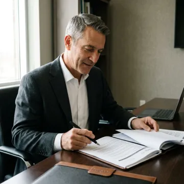 Investor reviewing financial planning documents and energy asset reports
