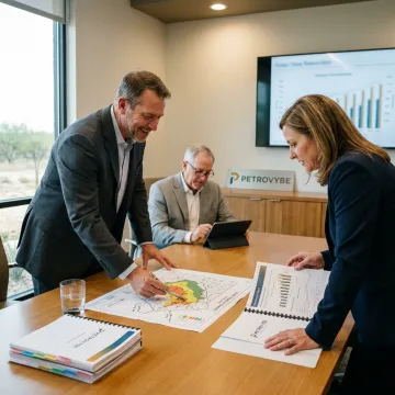 Energy investment team reviewing asset growth charts