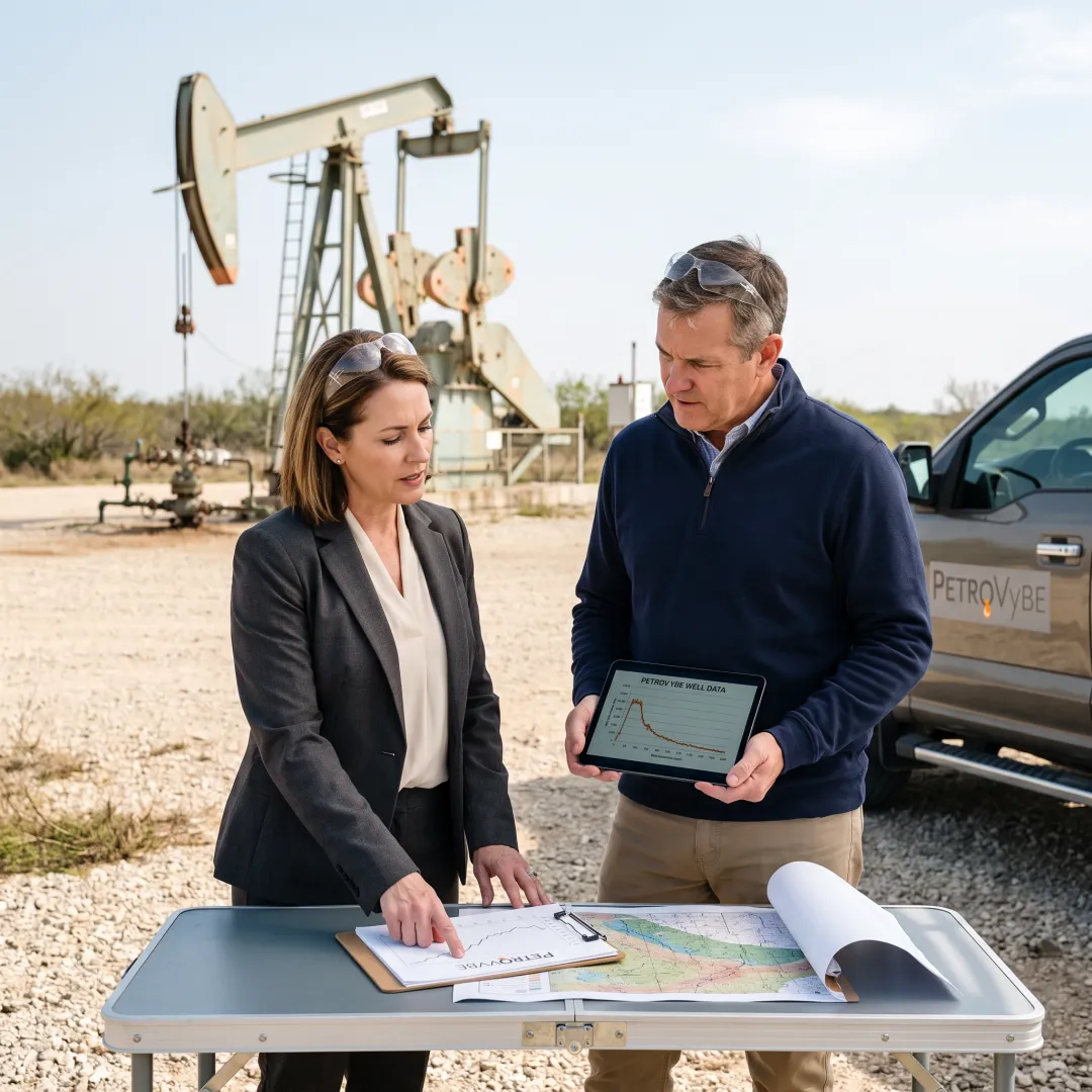 Energy professionals reviewing Texas well data