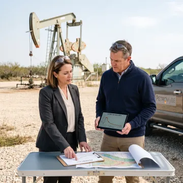Energy professionals reviewing Texas well data