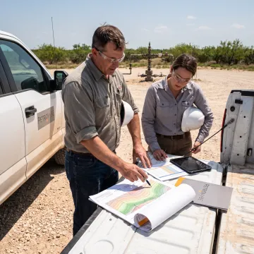 Energy professionals reviewing Texas well data