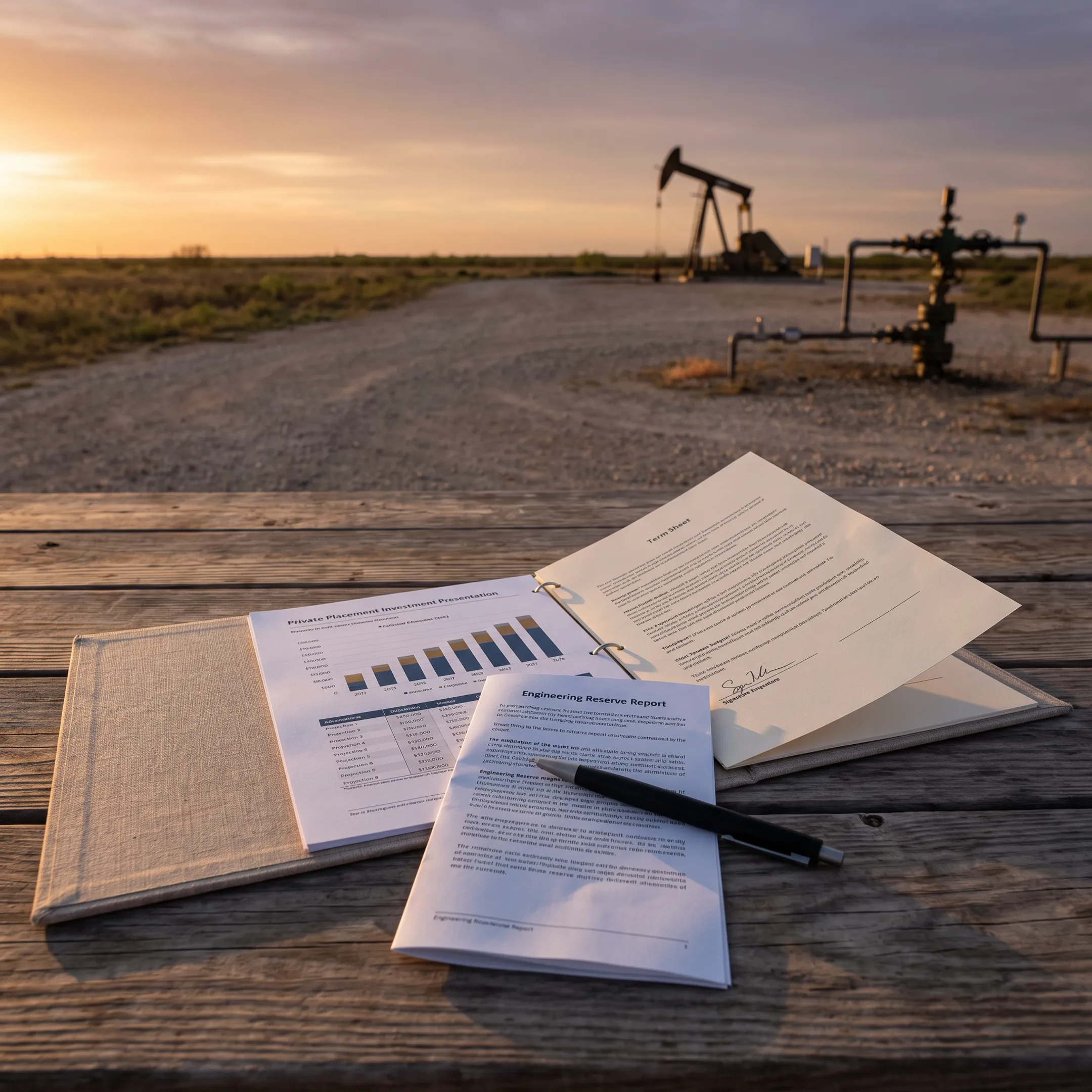 Oil and gas investment opportunity documents beside field imagery