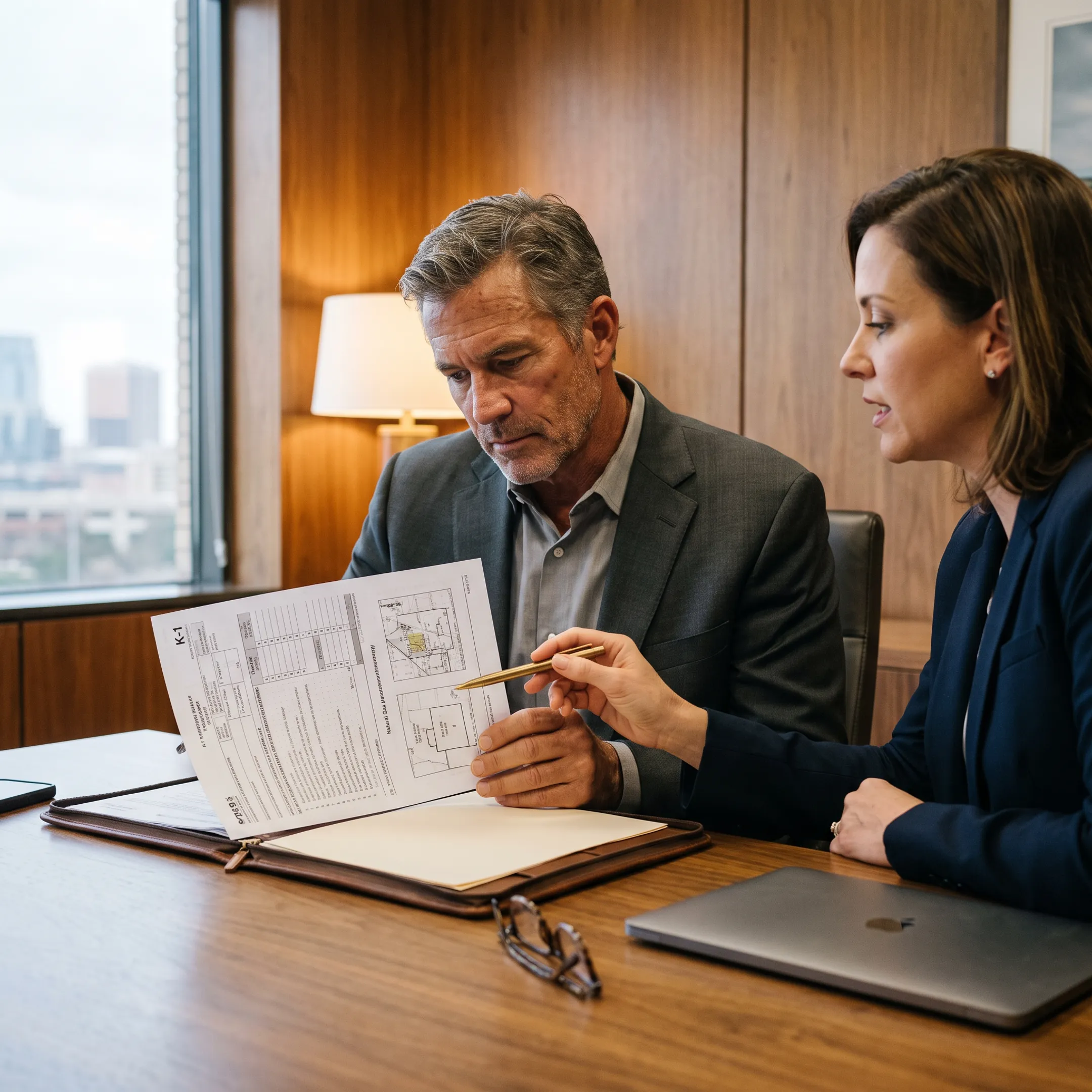 Investor reviewing tax strategy and energy investment documents