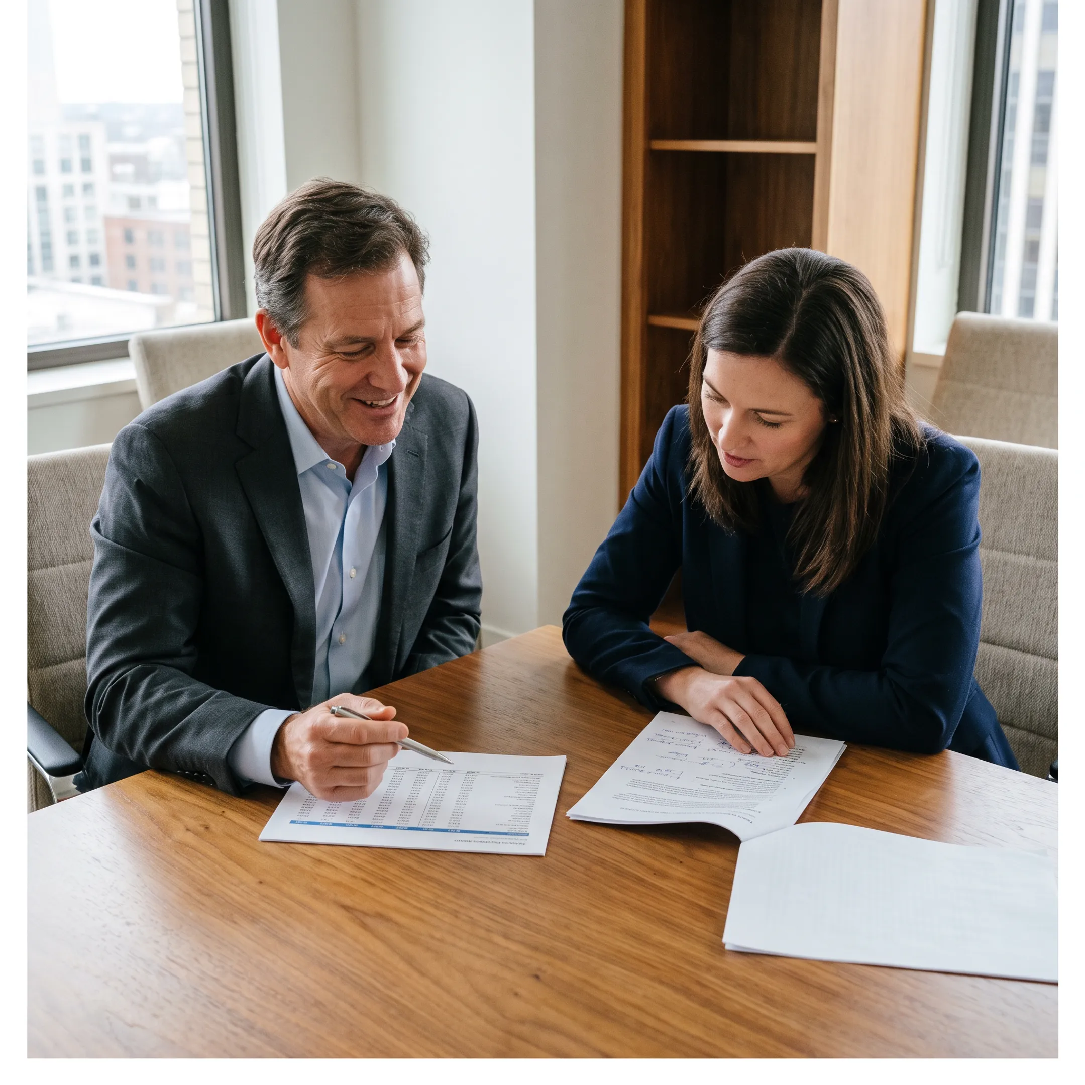 Advisor reviewing business tax planning documents with an investor