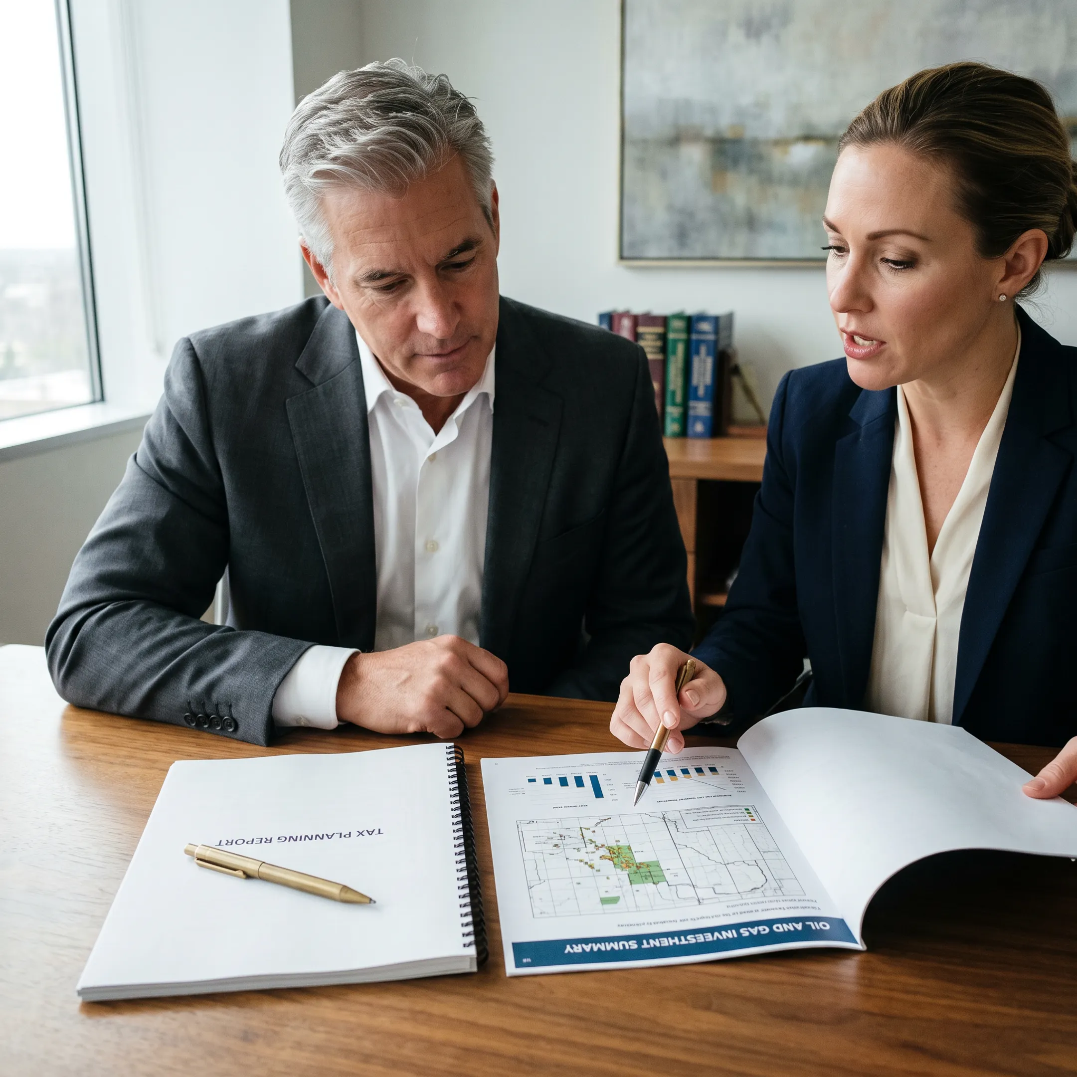 Investor reviewing tax planning and energy investment documents with financial advisor