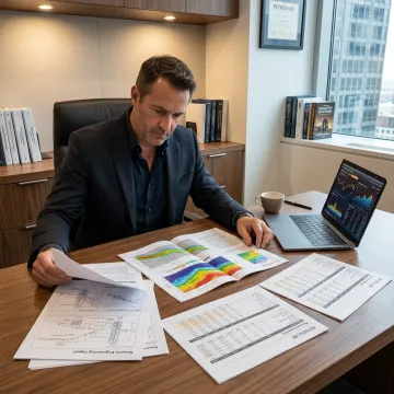 Investor reviewing oil and gas project documents